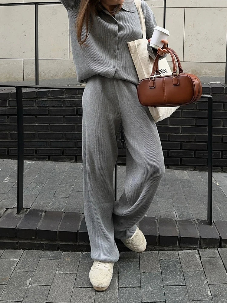 2025 Autumn Street Outfits Knitted Cardigan Pants Sets Women Single Breasted Lapel Sweater High Waist Wide Leg Trousers Suit