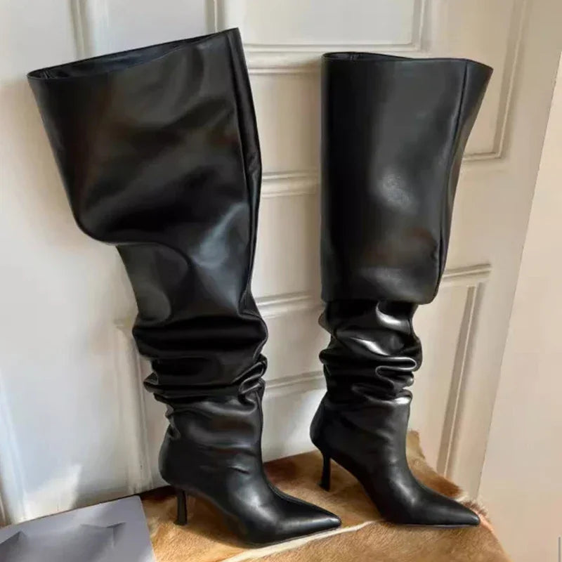 2024 Style Fashion Pointed Toe Boots Pleated Over-the-Knee Boots Women’s Wide Cowboy Boots for Women