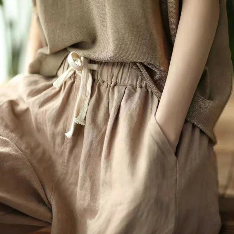 2024 Spring Summer Cotton Linen Pants Women Solid Color Casual Ankle-length Pant Woman Lace-up Waist Loose Trousers