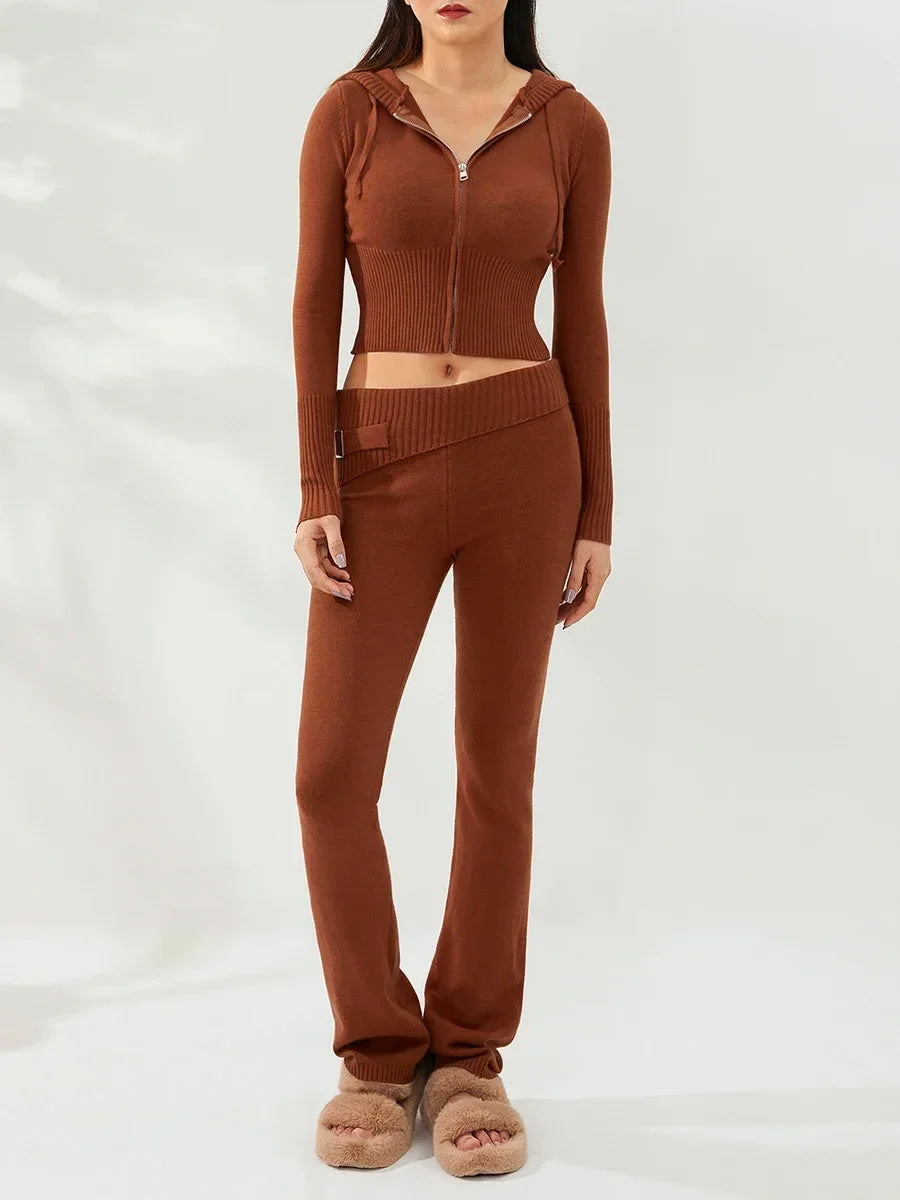 Women Tracksuit  Knit Lounge Set Long Sleeve Zip Up Hoodie with High Waist Wide Leg Pant 2 Piece Sweater Ensemble Casual Set