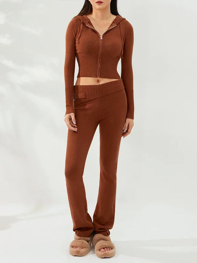 Women Tracksuit  Knit Lounge Set Long Sleeve Zip Up Hoodie with High Waist Wide Leg Pant 2 Piece Sweater Ensemble Casual Set