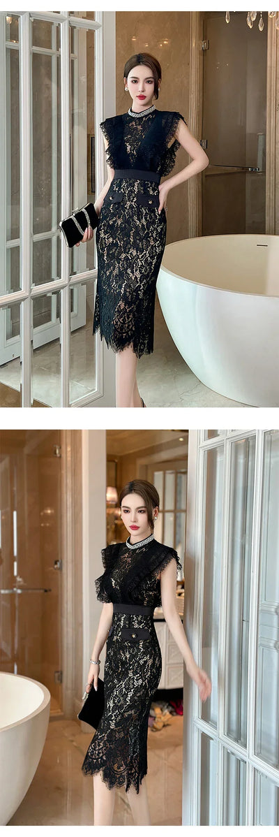 Women's French Noble Elegant Prom Dresses Black Lace Sheer Perspective Diamond High Waist Fishtail Robe Party Banquet Vestidos
