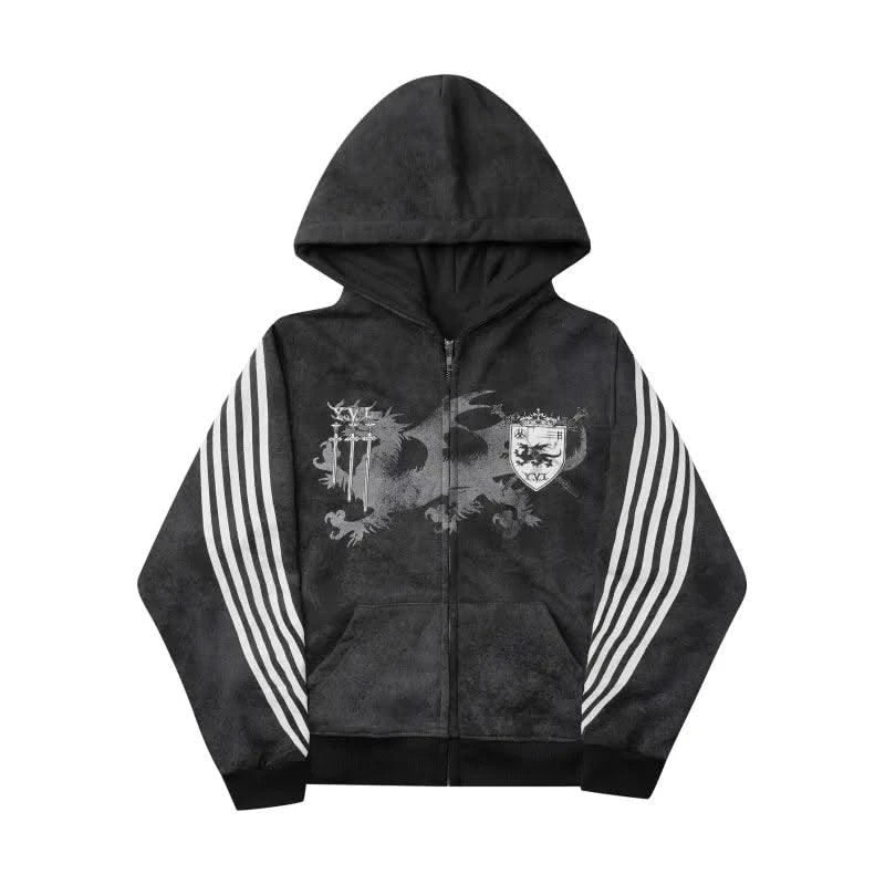 Sexy European and American printed striped hooded sweatshirt with zipper, pink men's and women's sports loose sweatshirt jacket