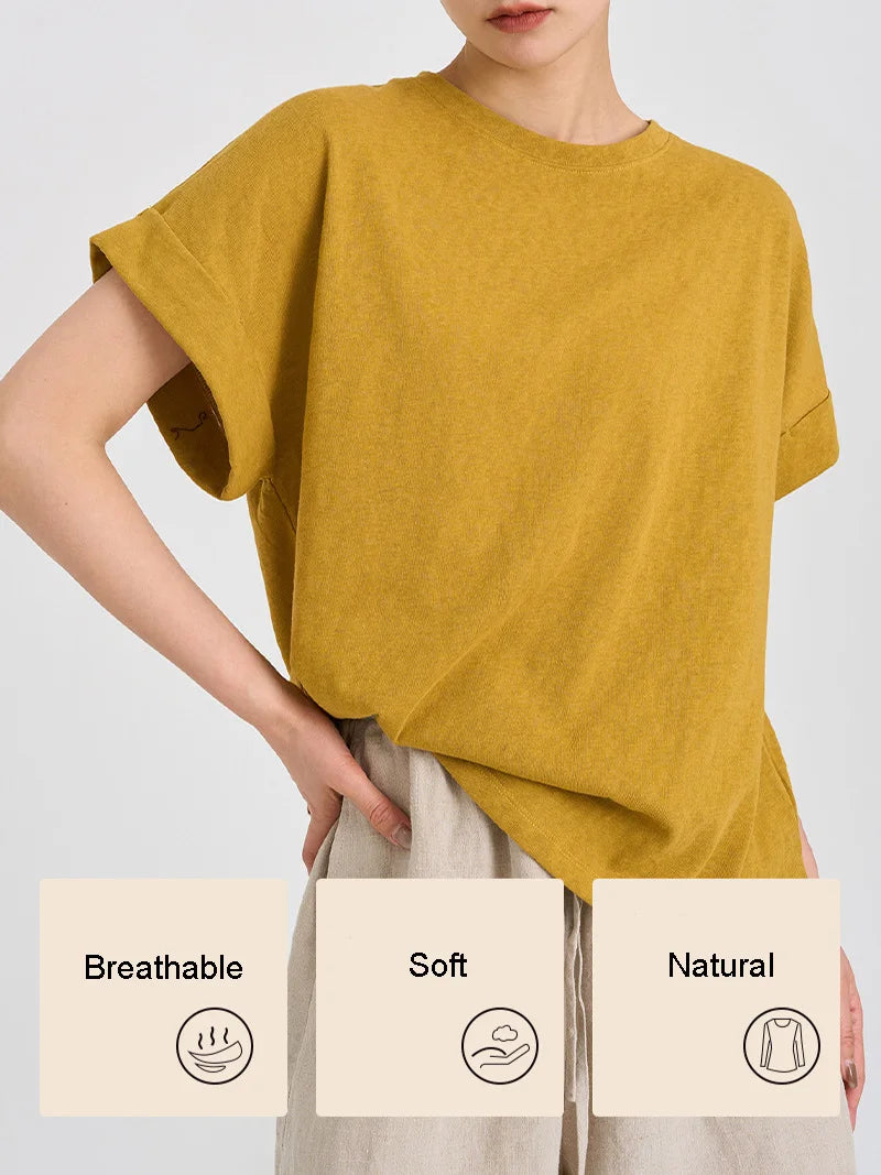 Women T Shirt Short Sleeve Cotton Linen Tops Crew Neck Oversize Dolman Plain Tees Spring Summer