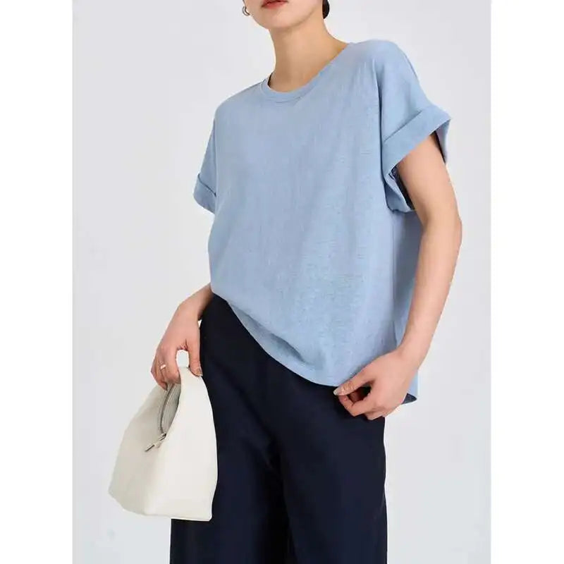 Summer Women Cotton Linen T-shirt Round Neck Thin Short-sleeved Transparent Loose Bottoming T-shirts Tops
