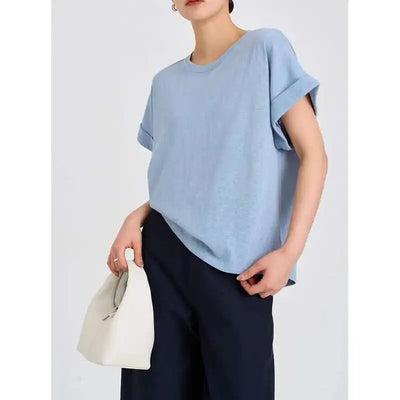 Summer Women Cotton Linen T-shirt Round Neck Thin Short-sleeved Transparent Loose Bottoming T-shirts Tops