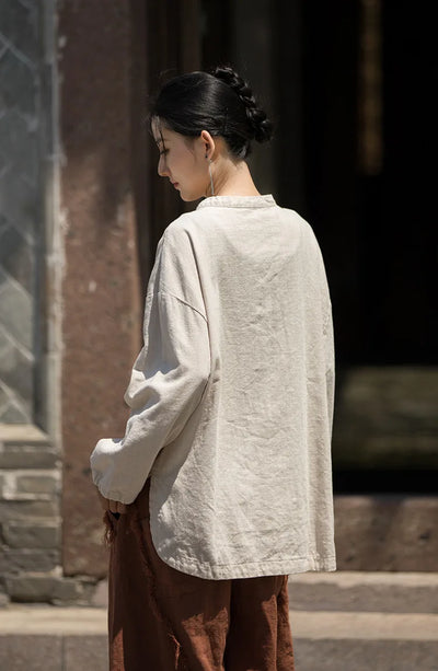 Cotton Linen Women's Literary Vintage Ramie Tops Shirt Women's Patchwork Colour Plate Button Lapel Cardigan Jacket Chinese Style