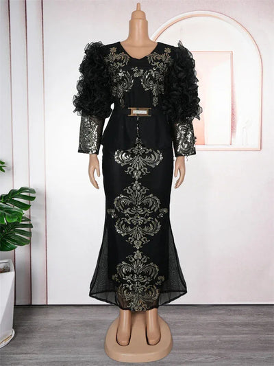 Luxury Wedding Party Evening Dresses For Women African Dashiki Sequin Mermaid Robe Elegant Long Sleeve Dress Africa Clothing