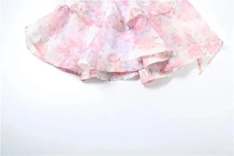 Elegant Floral Short Dress Summer Holiday Outfits Women Layered Party Dresses Sexy Halter Bow Lace-up Ruffled Hem Puffy Dress