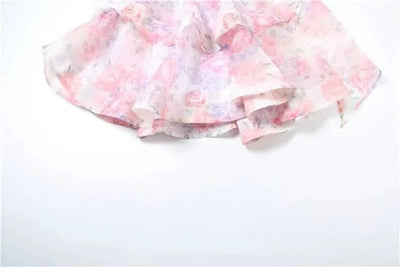 Elegant Floral Short Dress Summer Holiday Outfits Women Layered Party Dresses Sexy Halter Bow Lace-up Ruffled Hem Puffy Dress