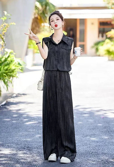 Wear To Work Shirt Ladies Trouser Black Women's Blouse and Pants Two Piece Set Professional Wide Leg Office Baggy Stripe Outfit
