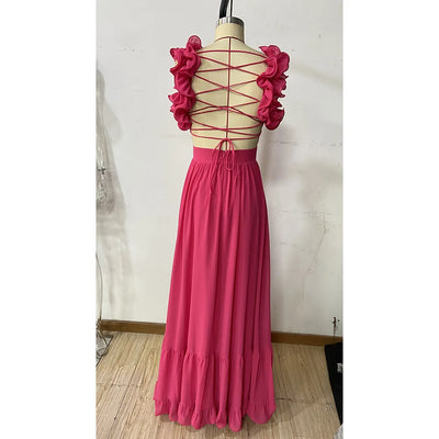 Women Wedding Dresses Summer Chiffon Flower Dress Backless Cross Tie Pleated Large Swing Evening Dress Vestidos De Mujer