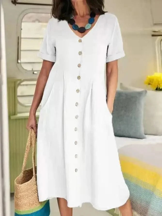 Women's Summer Casual Cotton Linen Midi Dress White  Loose Elegant Green Dresses Vestidos Платье С Декольте Jupe Longue Femme