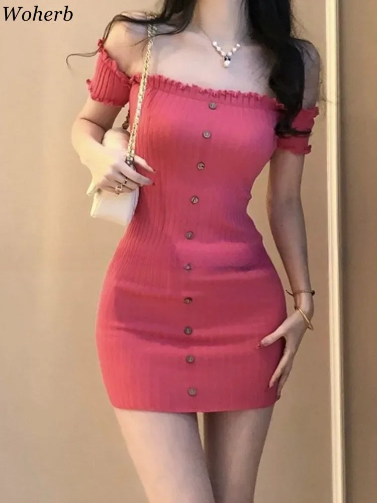 Woman Dress for Women 2025 Vestidos De Mujer Fashion Slash Neck Tunic Robe Femme Ruffles Bodycon Knitted Button Summer Dresses