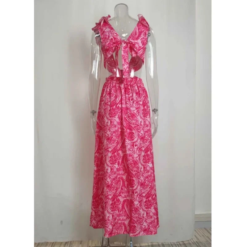 2025 Dress For Women Spring New Printed Deep V Sexy Exposed Waist Hollow Pleated Slit Long Dress Elegant Birthday Party Vestidos - Elanique