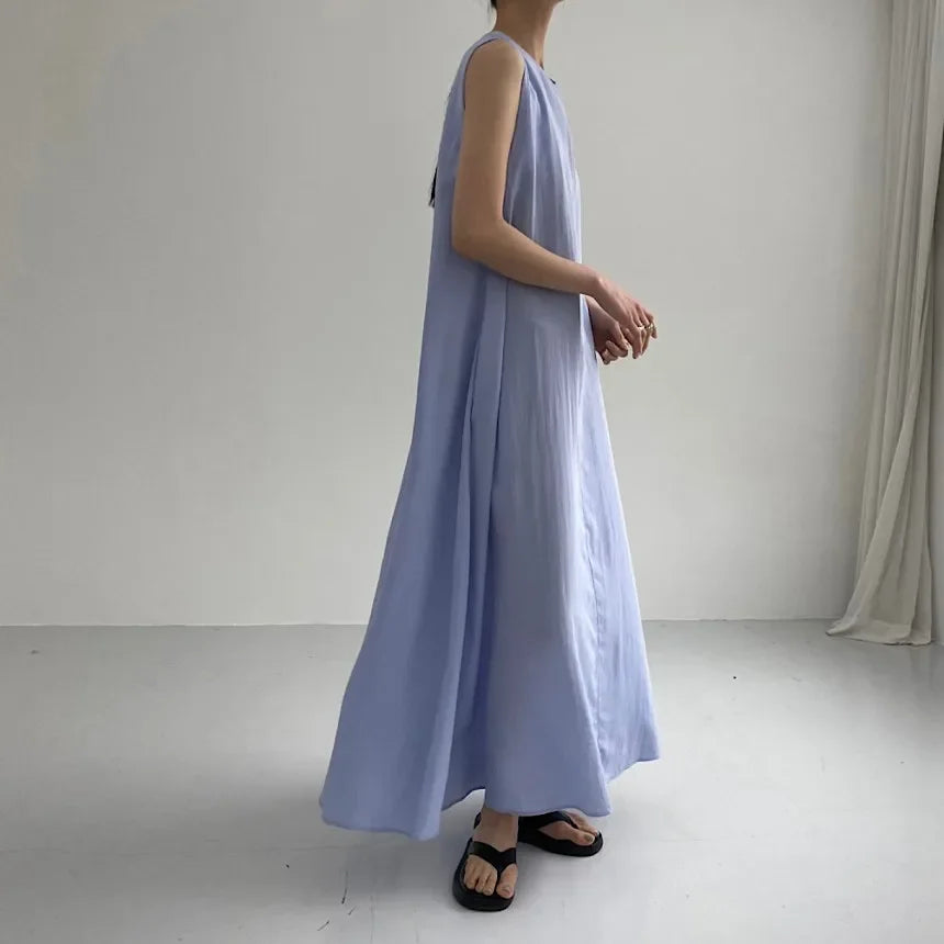 REALEFT Summer Women Maxi Dress 2024 New Solid Color Elegant Pockets Loose Waist Sleeveless Casual Summer Dresses Female