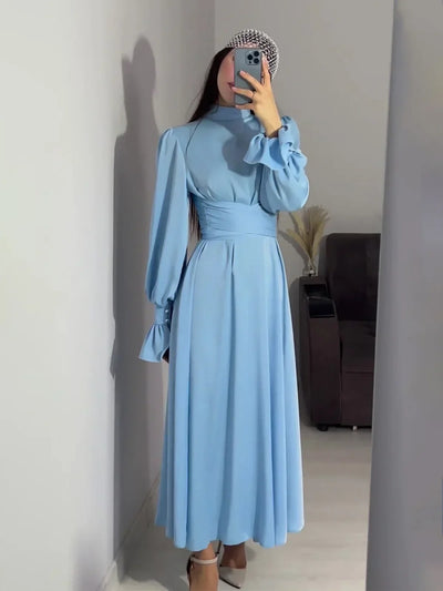 Lotus Sleeve Dress for Women Casual Slim-fit Dress with Belted Waist Abaya Dubai Luxury Turkey Islam Muslim Dress Women Kaftan