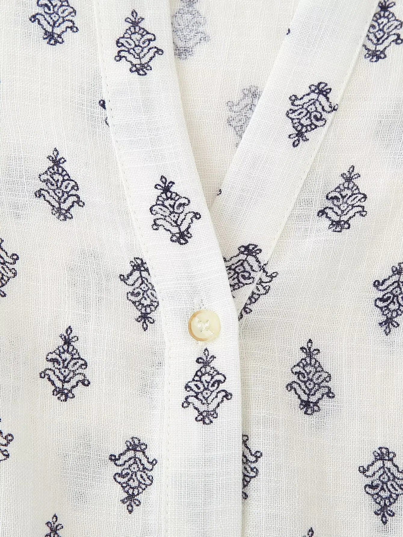 2025 Women's New Fashion Hundred Tops Puffy Sleeve Cotton Linen Printed Shirt