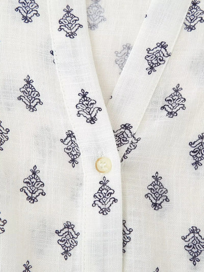 2025 Women's New Fashion Hundred Tops Puffy Sleeve Cotton Linen Printed Shirt
