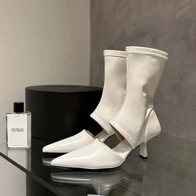 Eilyken Spring Autumn Soft Leather Short Ankle Boots Women Fashion Hollow Out Ladies Sandal Pointed Toe Thin Low Heel Shoes