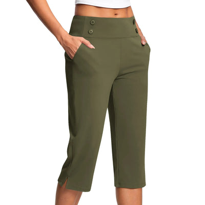 Women Elastic High Waist 3/4 Pant Casual Active Fit Wide Capris Leg Pants Trousers With Pockets Pants Woman брюки женские