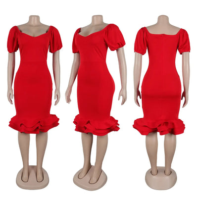 Elegant Party Dress for Women Ruffle Evening Dresses Lantern Short Sleeve Fishtail Tiered Wedding Dress Women