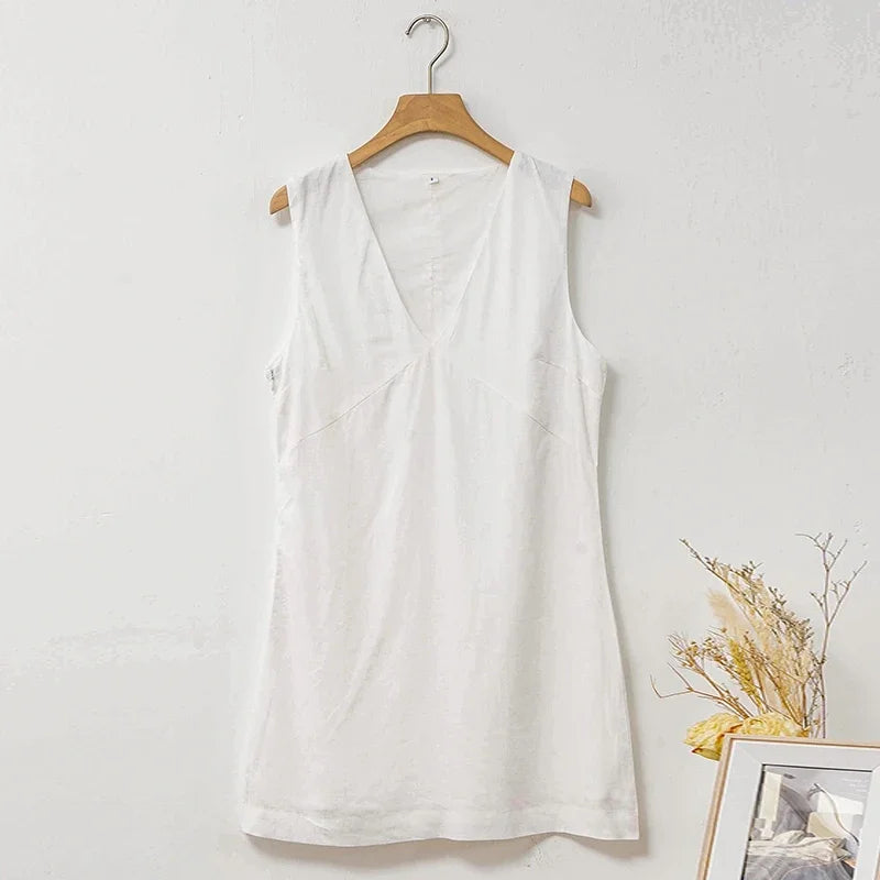 Women's Casual Linen Sleeveless Dress V-Neck Chic Elegant Cotton-Linen Blend Summer Fashion Sexy Chic New Arrival Vestidos