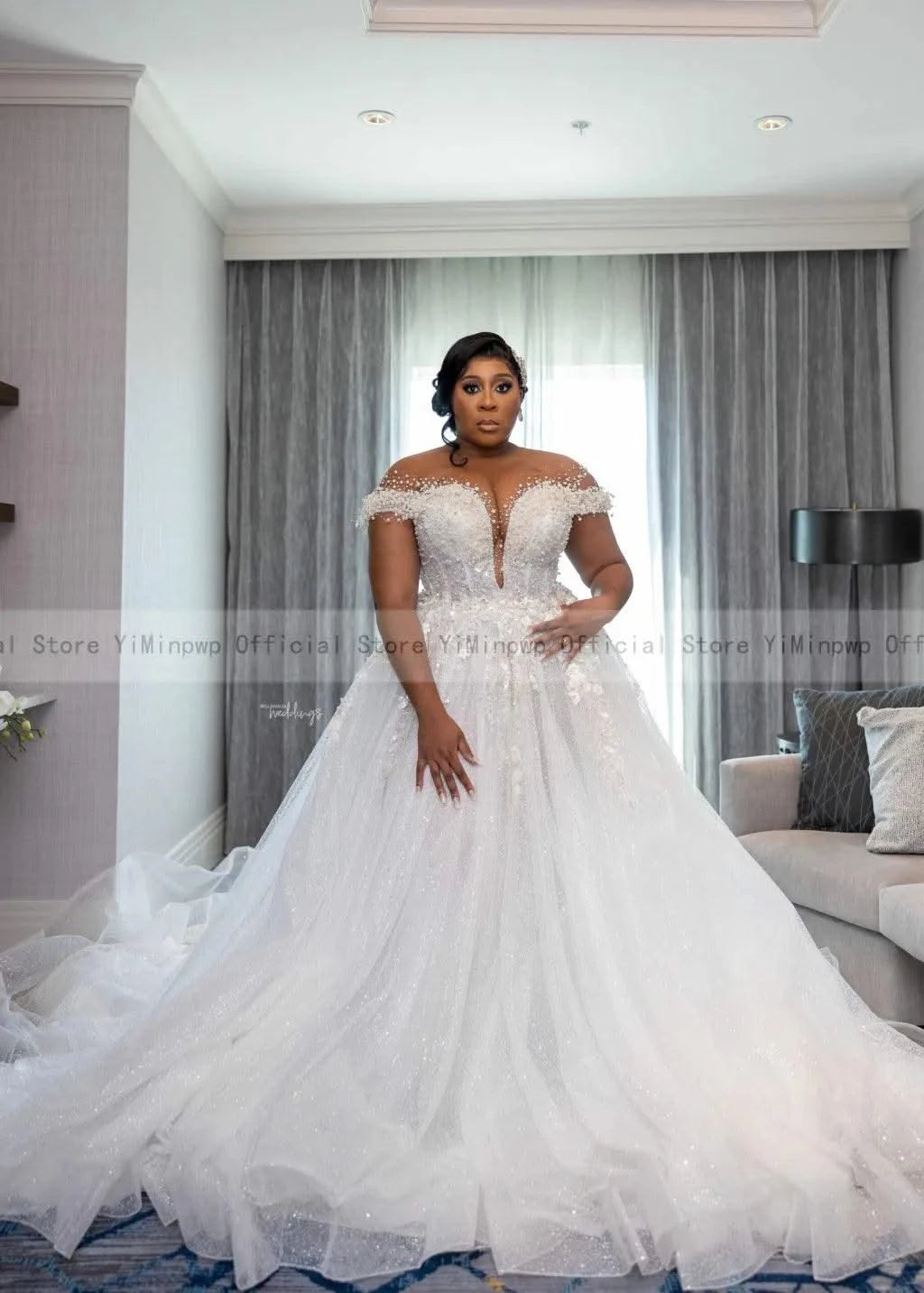 Wedding Dresses for Bride Sheer Neck Lace up Back Sequins Pearls PLUS SIZE ONLY