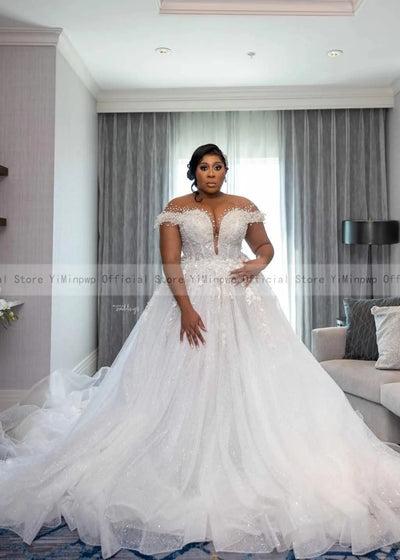 Wedding Dresses for Bride Sheer Neck Lace up Back Sequins Pearls PLUS SIZE ONLY