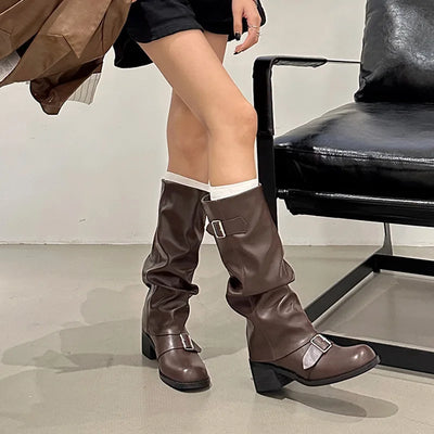 Woman Boots Knee High Platform Chunky Heels Trend Punk Gothic New Rock Leather Fashion Women's Shoes Motorcycle Footwear