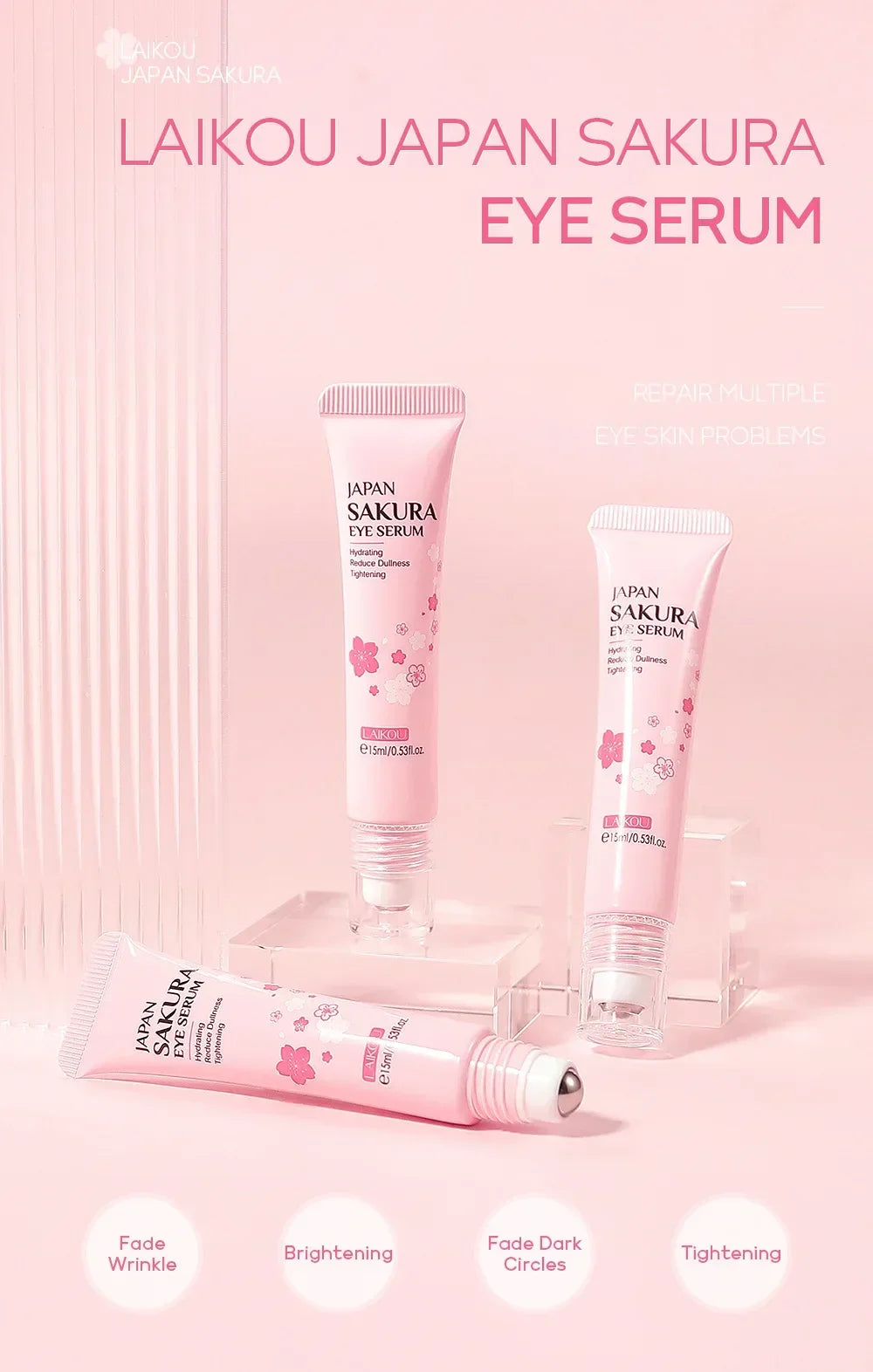 LAIKOU Sakura Eye Serum Eye Roller Massage Hyaluronic Acid Skin Care Eye Bags Cream Moisturizing Dark Circles 15ml