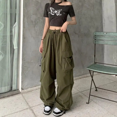 2025 Cargo Pants Women Retro Workwear Casual Baggy Straight Trousers Fashion Wide Leg Pockets Joggers Trousers Y2k Streetwear