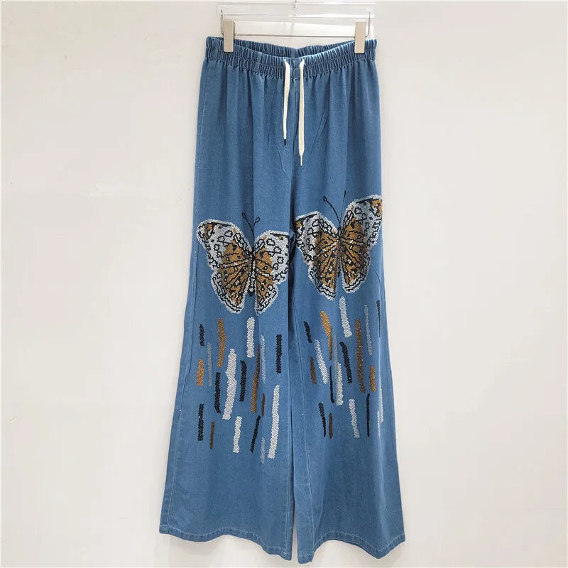 ANJY Autumn New Women Chic Two-Piece Set Studded Diamonds Streetwear Denim Shirt Drawstring Straight Elegant Casual Pants  A9654