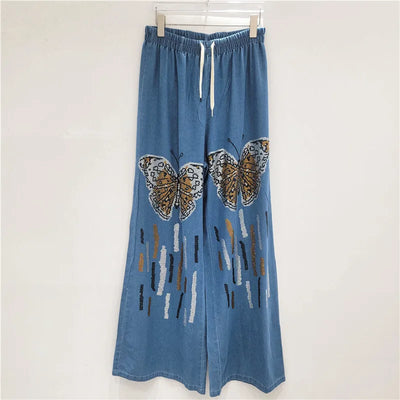 ANJY Autumn New Women Chic Two-Piece Set Studded Diamonds Streetwear Denim Shirt Drawstring Straight Elegant Casual Pants  A9654