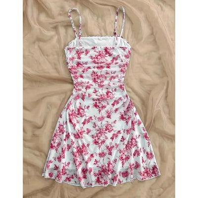 Women's Summer Elegant Floral Mini Dresses Fashion Fold High Waist Slim A-Line Dress Lady Sexy Backless Spaghetti Strap Sundress