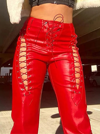 Women Fashion Loungewear Trousers, All Match Spring Summer Solid Hollow Straight Pants, Bandage Elegant Ladies Pants Streetwear