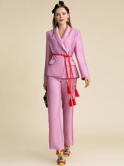 LD LINDA DELLA Fashion Designer Autumn Purple Pants Suit Women's Slim Long sleeve Belted Blazer and Pants Two Pieces Sets