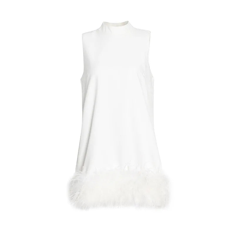 A-line Skirt 2025 Spring New Style Stand-up Collar Sleeveless Solid Color Feather Stitching Dress for Women