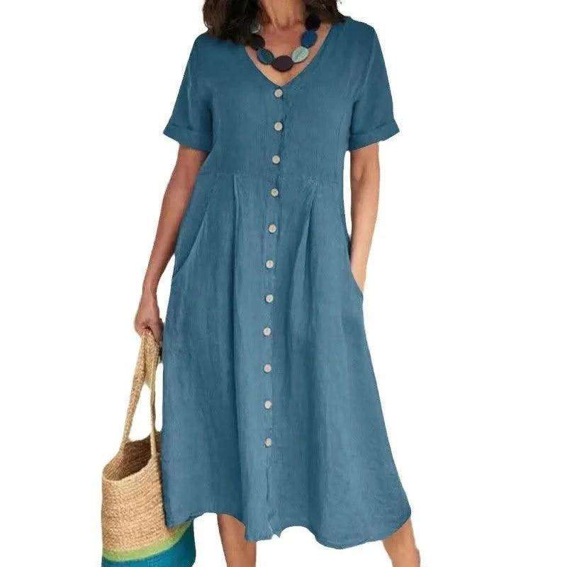Women's Summer Casual Cotton Linen Midi Dress White  Loose Elegant Green Dresses Vestidos Платье С Декольте Jupe Longue Femme