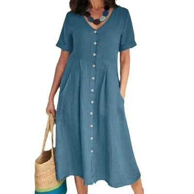 Women's Summer Casual Cotton Linen Midi Dress White  Loose Elegant Green Dresses Vestidos Платье С Декольте Jupe Longue Femme