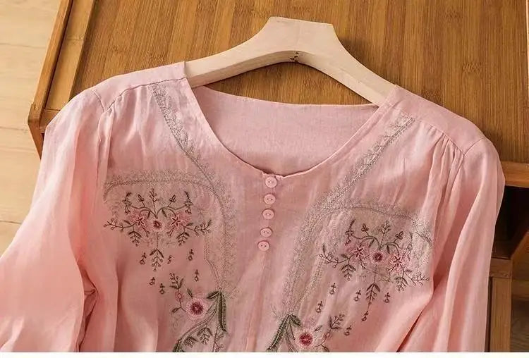 Cotton and Linen V-neck Embroidered Shirt for Women, Summer Thin Style Loose Medium Sleeves Small Shirt Top