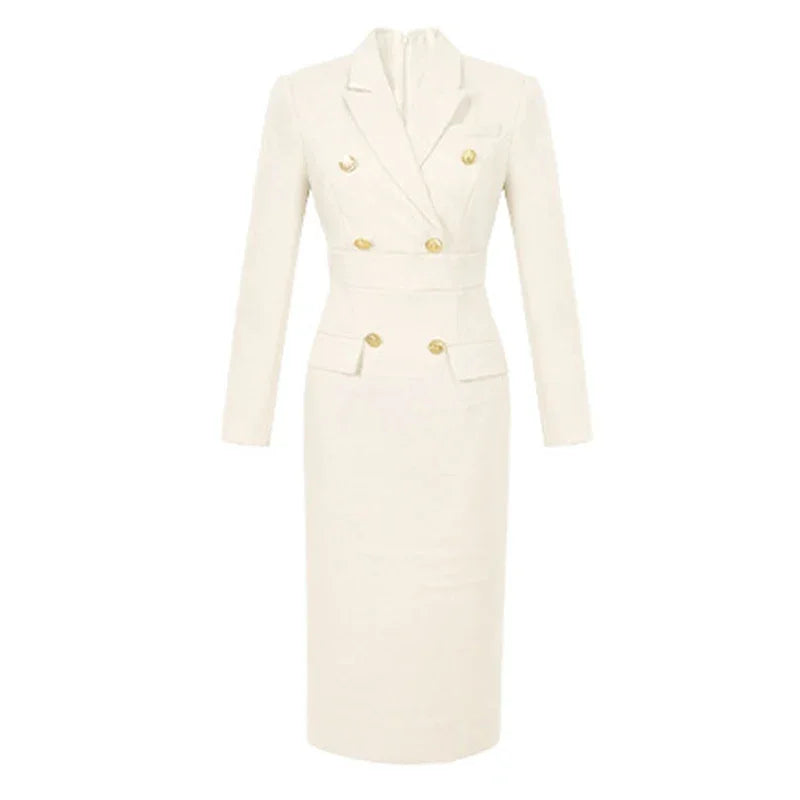 Fashion Elegant Midi Dress Women's Professional Business Style Long Sleeve Double Breasted Slit Robe Office Lady Work Vestidos