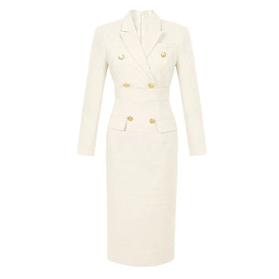 Fashion Elegant Midi Dress Women's Professional Business Style Long Sleeve Double Breasted Slit Robe Office Lady Work Vestidos