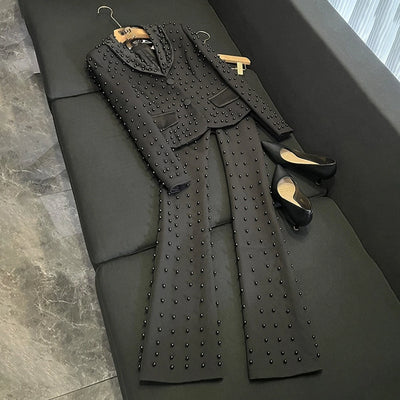 TWOTWINSTYLE Spliced Pearl Solid Two Piece Sets For Women Lapel Long Sleeve Top High Waist Pants Elegant Set Female KSE534390
