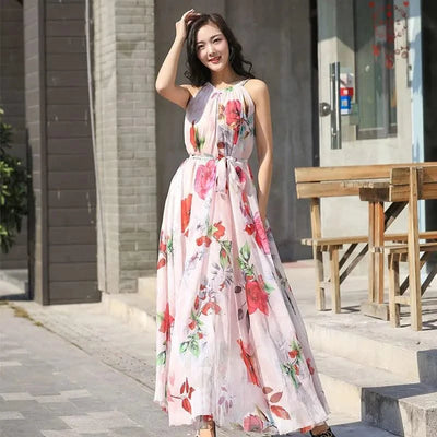 2023 New Floral Summer Sleevelss Suspender Maxi Dress for Women Sexy Backless Beach Purple Boho Robe Femme Sundress Dress Photo