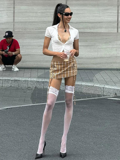 Whatiwear Street Fashion 3 Piece Set Women Polo-Neck Single-Breasted Blouse+Halter Bra+Plaid Print Shirring Skirts Y2K Style Set