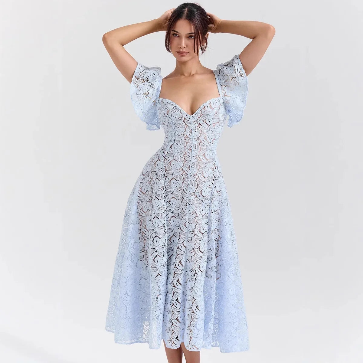 Elegant Flare Short Sleeve Flower Embroidery Long Prom Dresses Women Summer Holiday Low Cut Pleated Midi Evening Dress
