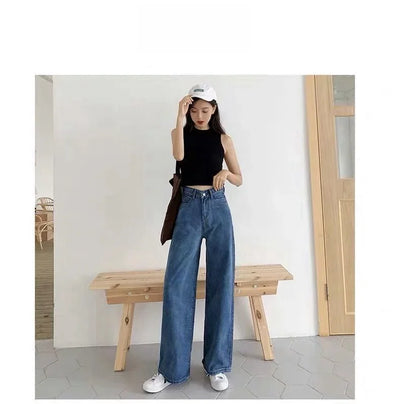 Loose Straight Cylinder Women Jeans High Waist Slimming Long Pants Trendy Cotton Fabric Comfortable Casual Style