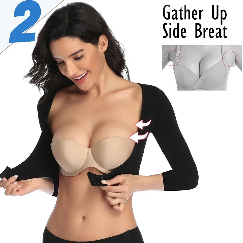 Upper Arm Shaper Post Surgical Slimmer Compression Sleeves Posture Corrector Tops Shapewear for Women 3/4 Sleeve Crop Top Nude