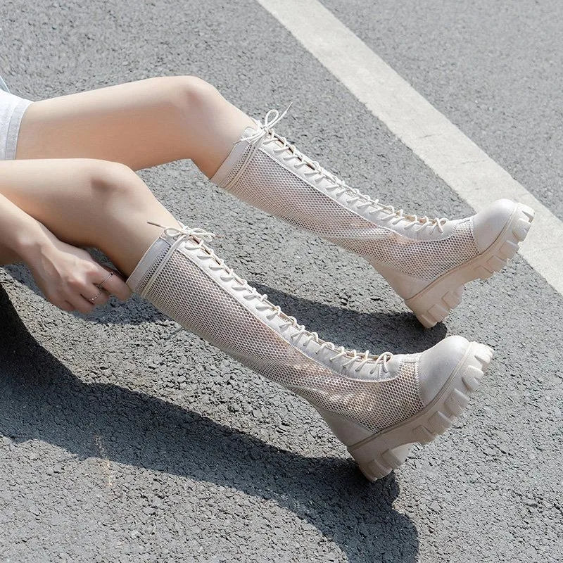 2025New Boots for Women Fashion Knee-high Boots Summer Breathable Hollow Out Mesh Boots Non Slip Platform Boot Punk Botas Mujer